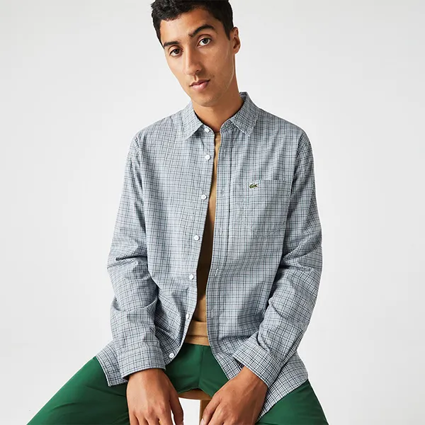Áo Sơ Mi Nam Lacoste Regular Fit Check Print Shirt CH0193-TQ1 Màu Kẻ Xanh Kẻ Size 38