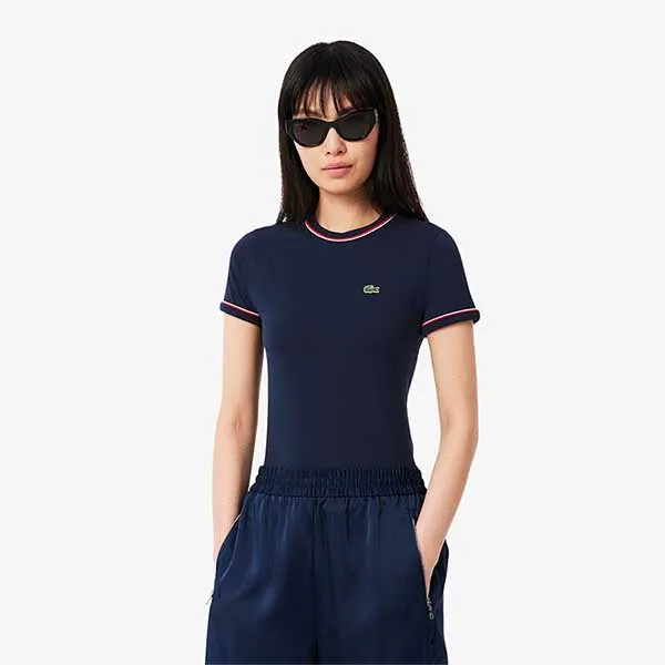 Áo Thun Nữ Lacoste Women's Contrast Accent Jersey T-Shirt TF0347 51 GWI Màu Xanh Navy Size 36