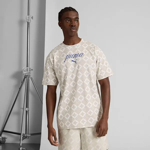 Bộ Thể Thao Nam Puma Men's Short Tee With Graphic Print Màu Be Họa Tiết Size S (Form Âu)