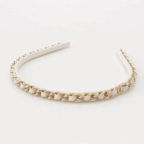 Bờm Tóc Chanel B22S Headband In Calfskin With Gold Metal White Màu Trắng