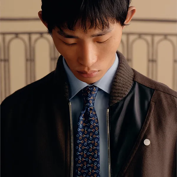 Cà Vạt Nam Hermès Mors Tricolore Tie Marine / Orange / Cie Màu Xanh/Cam