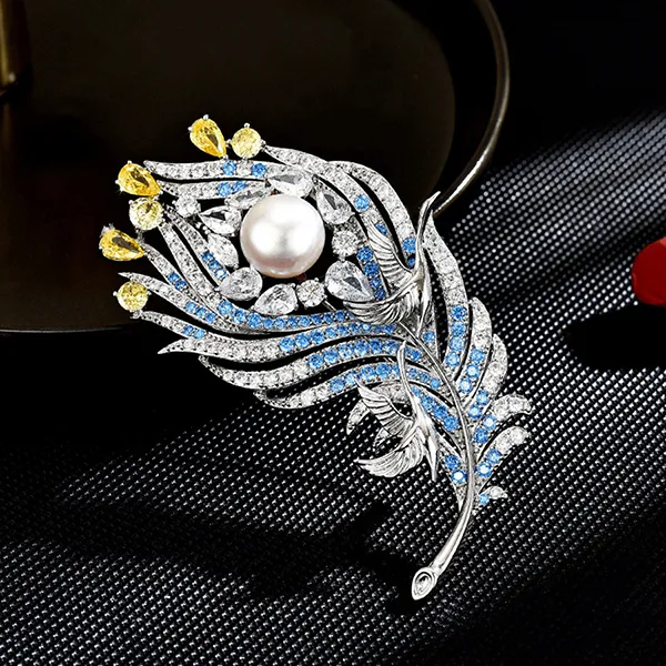 Cài Áo Nữ Meri Mystical Feathers BR869 Màu Xanh Bạc