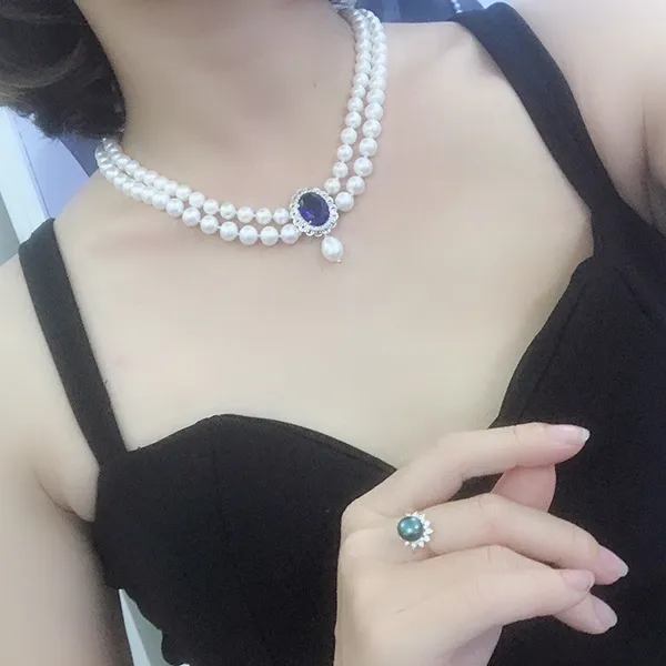 Dây Chuyền Nữ Ngọc Trai Minh Hà Pearl Jewelry Phối Mặt Đá Màu Nhân Tạo Xanh Topaz Màu Trắng - Trang sức - Vua Hàng Hiệu
