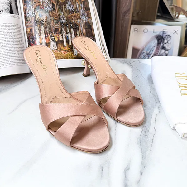 Dép Cao Gót Nữ Christian Dior Pink Fabric Mules Màu Hồng Nude Size 38
