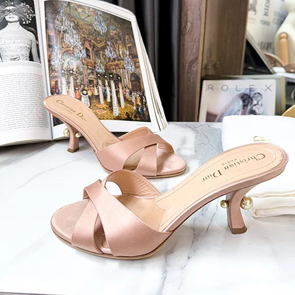 Dép Cao Gót Nữ Christian Dior Pink Fabric Mules Màu Hồng Nude Size 38