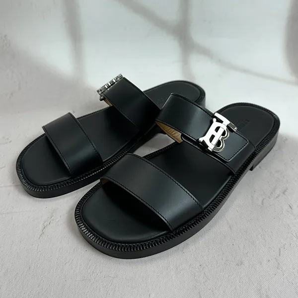 Dép Nam Burberry TB Logo Monogram Motif Leather Sandals Màu Đen Size 40 - Dép - Vua Hàng Hiệu