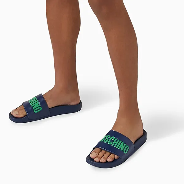 Dép Nam Moschino Logo Slides In Rubber Màu Xanh Blue Size 39