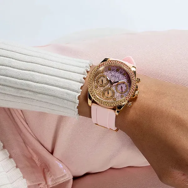 Đồng Hồ Nữ Guess GW0032L4 Đính Đá Đa Sắc Rose Gold 6 Kim 38mm Màu Hồng