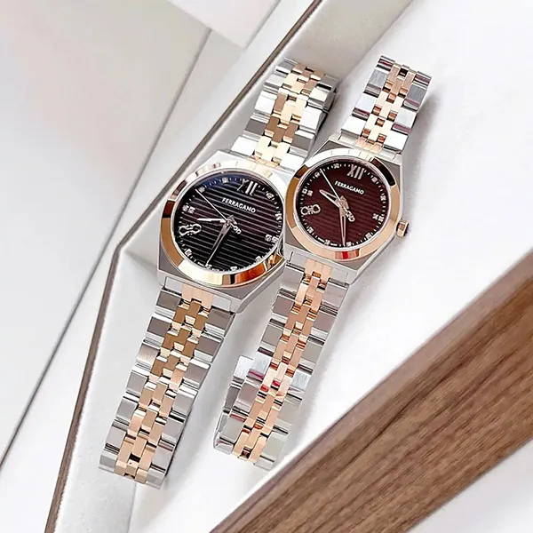 Đồng Hồ Đôi Salvatore Ferragamo Vega New Diamond Watch SFKI00423/SFKJ00423 Màu Demi Mặt Nâu