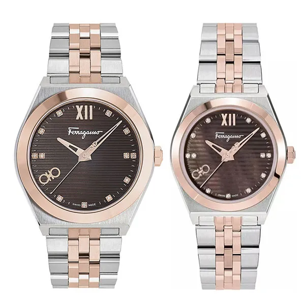 Đồng Hồ Đôi Salvatore Ferragamo Vega New Diamond Watch SFKI00423/SFKJ00423 Màu Demi Mặt Nâu