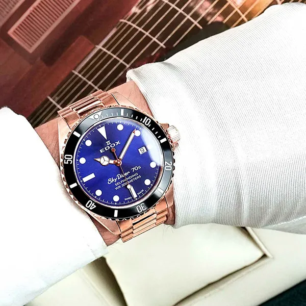 Đồng Hồ Nam Edox Watch Skydiver 80112-37RNM-BUI Màu Xanh/ Vàng Hồng