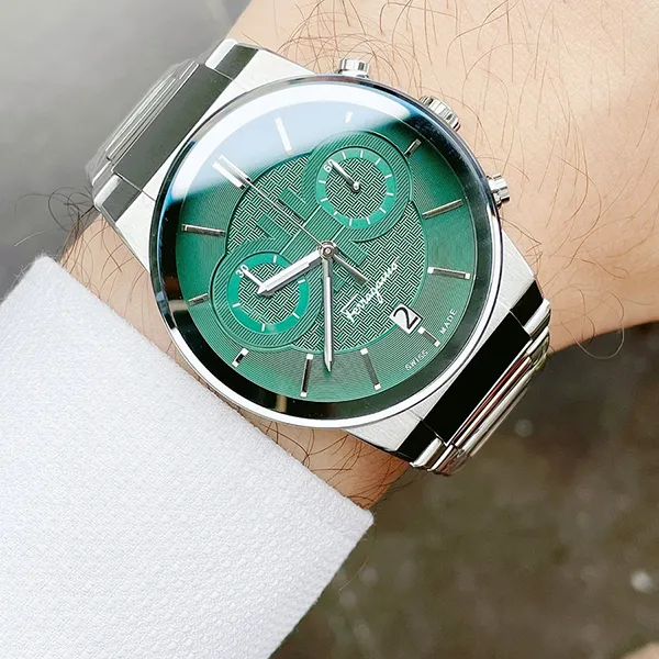 Đồng Hồ Nam Salvatore Ferragamo Quartz SFME00421 Chronograph Date Green Dial Silver Tone Màu Bạc Xanh