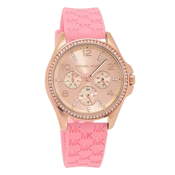 Đồng Hồ Nữ Michael Kors Mini Pilot Pavé Rose Gold-Tone And Logo Silicone Watch MK7375 Màu Hồng