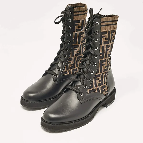Giày Boot Nữ Fendi Black/Brown Fabric And Leather Rockoko Combat Màu Đen Nâu Size 36