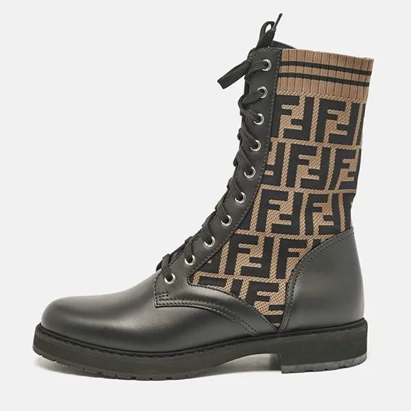 Giày Boot Nữ Fendi Black/Brown Fabric And Leather Rockoko Combat Màu Đen Nâu Size 36