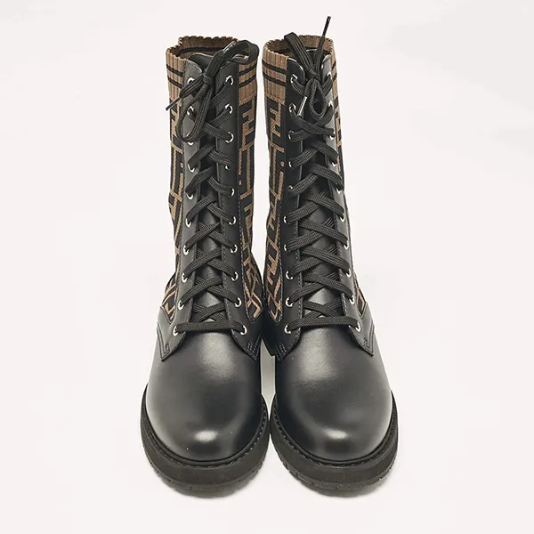Giày Boot Nữ Fendi Black/Brown Fabric And Leather Rockoko Combat Màu Đen Nâu Size 36