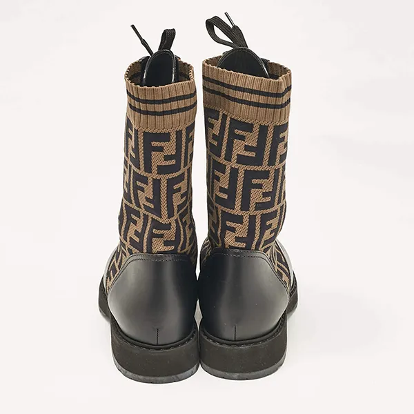 Giày Boot Nữ Fendi Black/Brown Fabric And Leather Rockoko Combat Màu Đen Nâu Size 36