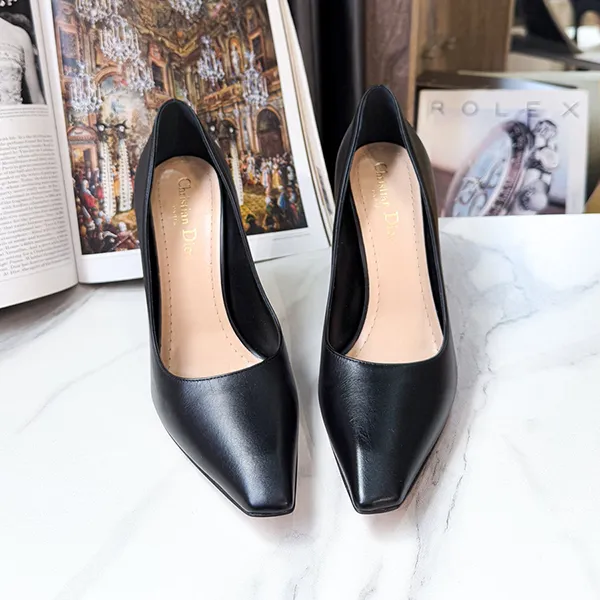 Giày Cao Gót Nữ Christian Dior Square Toe Pumps In Black Leather Màu Đen Size 37.5
