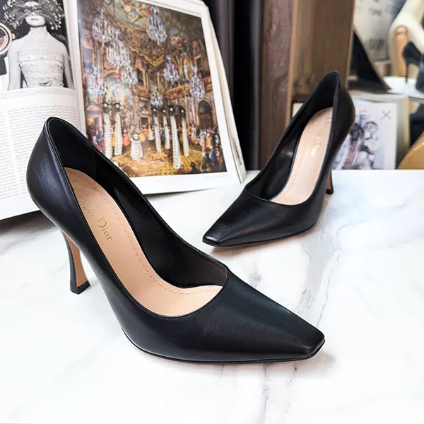 Giày Cao Gót Nữ Christian Dior Square Toe Pumps In Black Leather Màu Đen Size 37.5