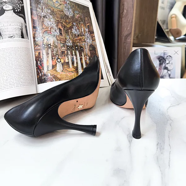Giày Cao Gót Nữ Christian Dior Square Toe Pumps In Black Leather Màu Đen Size 37.5