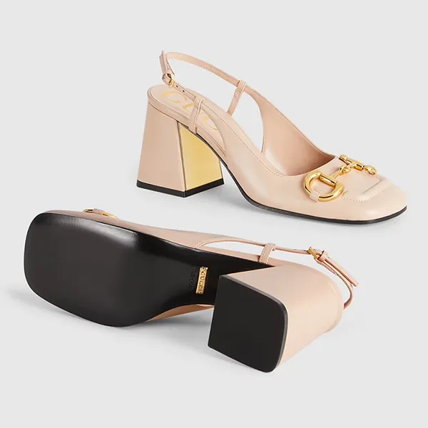 Giày Cao Gót Nữ Gucci Baby Horsebit SlingBack Block Heel Pump 643892 C9D00 6705 Màu Be Size 35.5