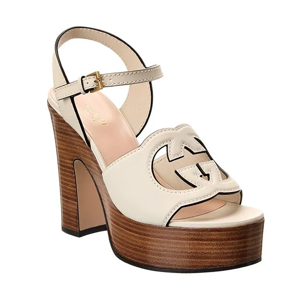 Giày Cao Gót Nữ Gucci Interlocking G Leather Platform Sandal Màu Nâu Trắng Size 35.5