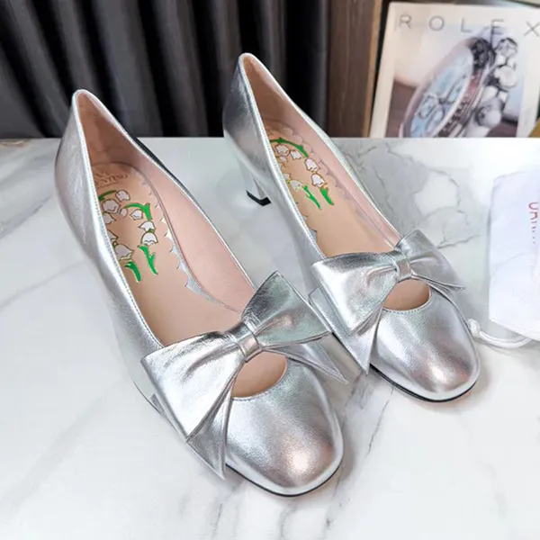 Giày Cao Gót Valentino Garavani Leather Bowow Pumps Metallic Finish In Silver Màu Bạc Size 38 - Giày - Vua Hàng Hiệu