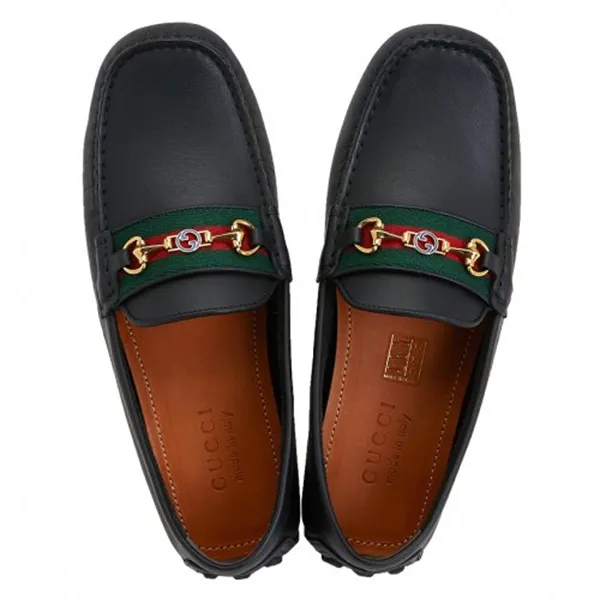 Giày Lười Nam Gucci Black Leather Men’s Green Interlocking G Horsebit 624698 1XH10 1066 Màu Đen Size 38.5 - Giày - Vua Hàng Hiệu