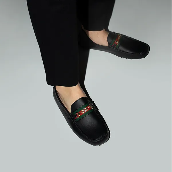 Giày Lười Nam Gucci Black Leather Men’s Green Interlocking G Horsebit 624698 1XH10 1066 Màu Đen Size 38.5 - Giày - Vua Hàng Hiệu