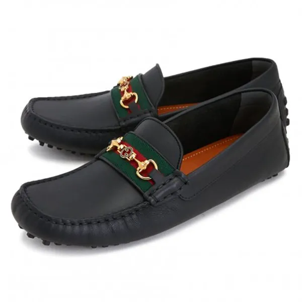 Giày Lười Nam Gucci Black Leather Men’s Green Interlocking G Horsebit 624698 1XH10 1066 Màu Đen Size 38.5 - Giày - Vua Hàng Hiệu