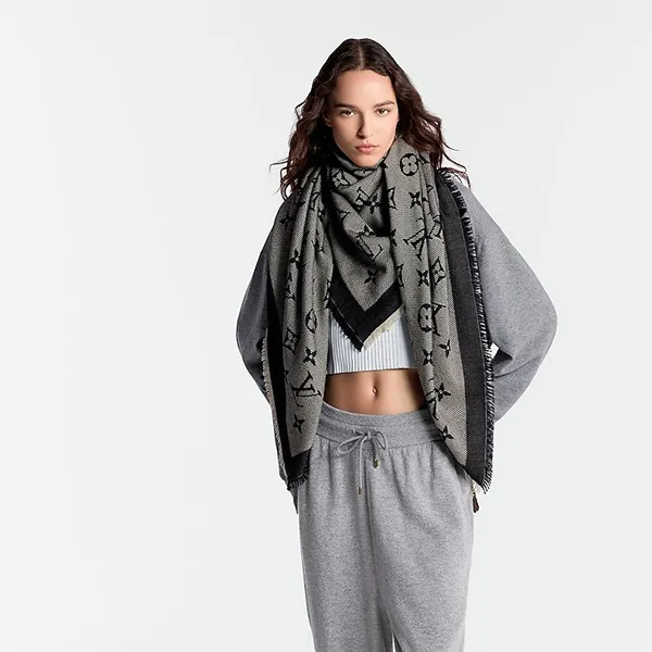 Khăn Nữ Louis Vuitton LV Neo Natté Monogram Scarf M73677 Màu Đen Xám