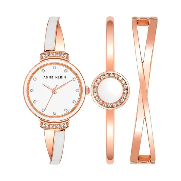 Set Đồng Hồ + Vòng Đeo Tay Nữ Anne Klein Premium Crystal Accented Watch And Bangle Màu Vàng Hồng