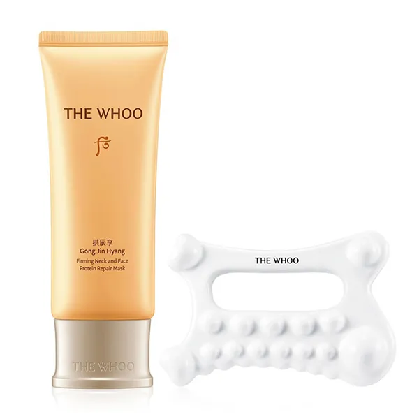 Set Mặt Nạ Tăng Cường Độ Đàn Hồi Da The Whoo Gongjinhyang Neck & Face Protein Repair Mask 100ml + Miếng Massage