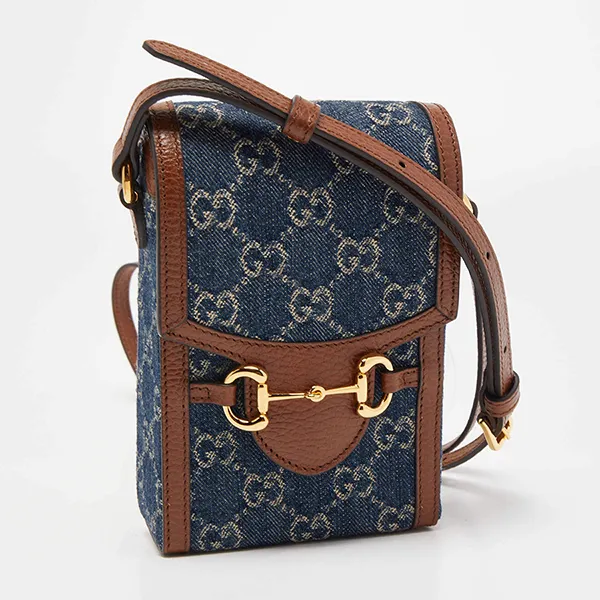 Túi Đeo Chéo Gucci Horsebit 1955 Mini Denim And Leather Crossbody Bag Màu Nâu/Xanh - Túi xách - Vua Hàng Hiệu