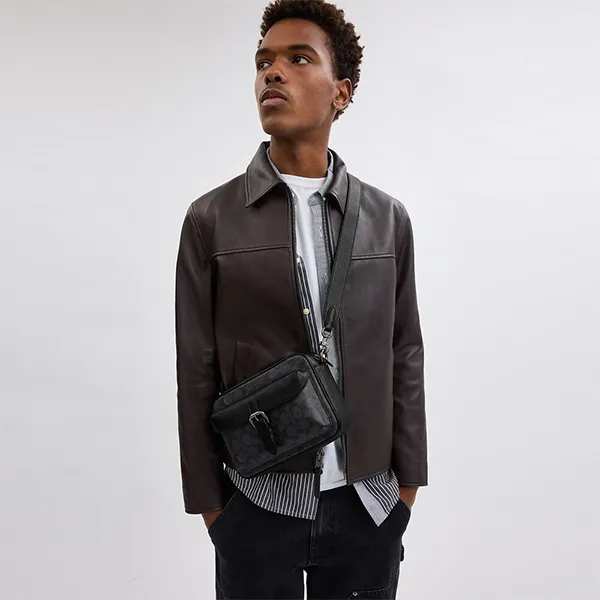 Túi Đeo Chéo Nam Coach Warner Crossbody Bag In Signature Canvas CW217QBMI5 Charcoal/Black Màu Đen Than