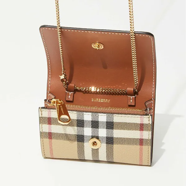 Túi Đeo Chéo Nữ Burberry Bi-Fold Wallet Chain Leather Lightweight 8066057 A7026 Màu Be Kẻ - Túi xách - Vua Hàng Hiệu