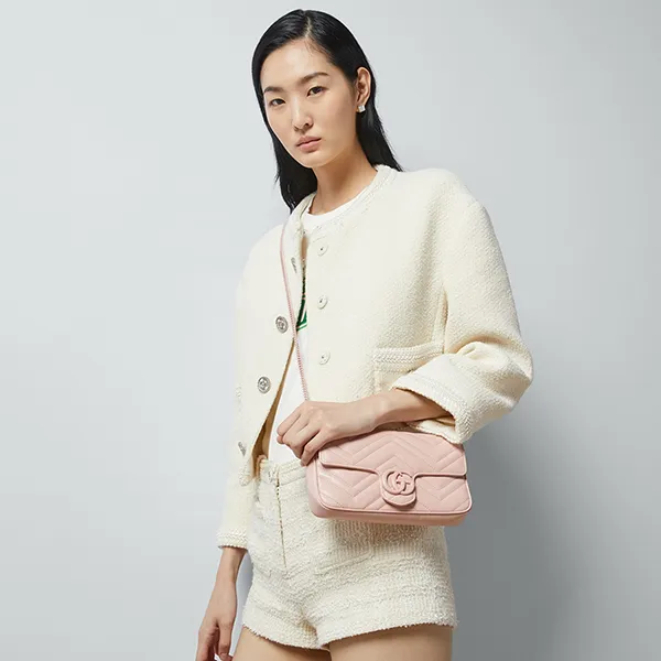 Túi Đeo Chéo Nữ Gucci GG Marmont Super Mini Bag 751526 AACX5 5945 Màu Hồng Phấn
