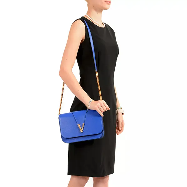 Túi Đeo Chéo Nữ Versace Women's Blue 100% Leather V-Logo Crossbody Shoulder Bag Màu Xanh Blue