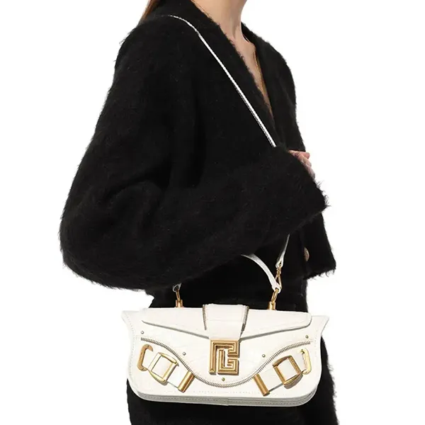 Túi Đeo Vai Nữ Balmain Blaze Clutch Bag In Crocodile-Embossed Màu Trắng