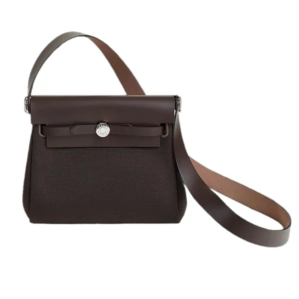 Túi Xách Tay Nữ Hermès Herbag Zip 20 Bag Military Canvas Hunter Cowhide & Palladium Ebene Màu Nâu - Túi xách - Vua Hàng Hiệu