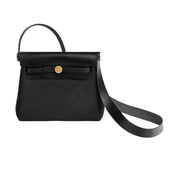 Túi Xách Tay Nữ Hermès Herbag Zip 20 Bag Retourne Military Canvas Hunter Cowhide & Gold Noir Màu Đen - Túi xách - Vua Hàng Hiệu