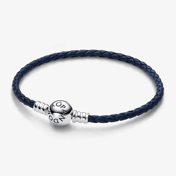 Vòng Đeo Tay Nữ Pandora Moments Round Clasp Blue Braided Leather Bracelet Màu Xanh Navy Size 19