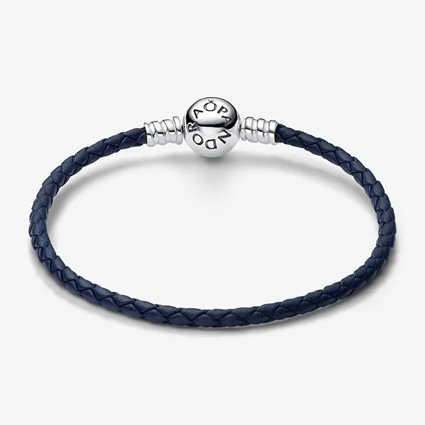 Vòng Đeo Tay Nữ Pandora Moments Round Clasp Blue Braided Leather Bracelet Màu Xanh Navy Size 19