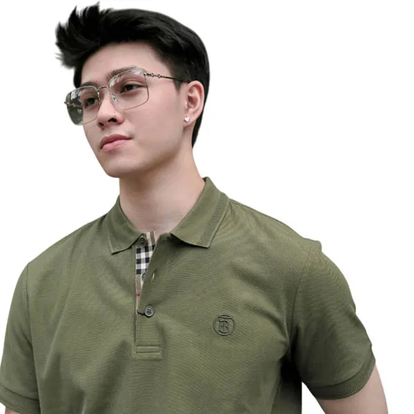 Áo Polo Nam Burberry Check Cotton With Logo Embroidery In Olive 80831561 Màu Xanh Rêu Size XS