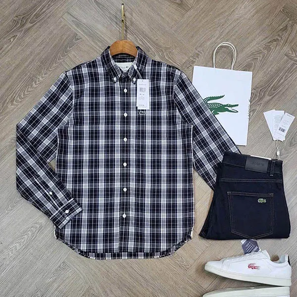 Áo Sơ Mi Dài Tay Nam Lacoste Men's Long Sleeve Slim Fit Stretch Plaid Màu Kẻ Xanh Navy Size 38