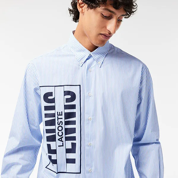 Áo Sơ Mi Nam Lacoste Striped Shirt With Printed Logo CH3551 F6Z Màu Xanh Nhạt Size XS