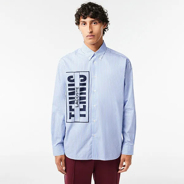 Áo Sơ Mi Nam Lacoste Striped Shirt With Printed Logo CH3551 F6Z Màu Xanh Nhạt Size XS