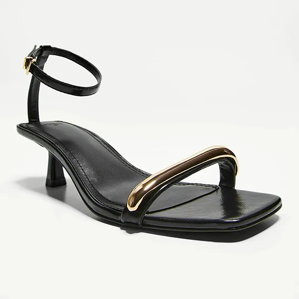 Dép Cao Gót Nữ Bershka Gold Bar Strappy Kitten Heeled Sandals In Black Màu Đen - Vàng Size 36