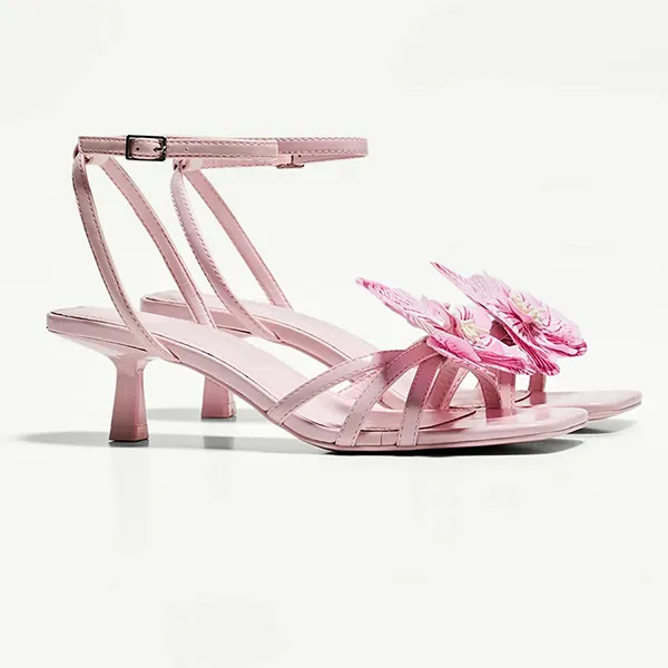 Dép Cao Gót Nữ Bershka Kitten Heel Sandals With Pink Floral Detail Màu Hồng Size 38