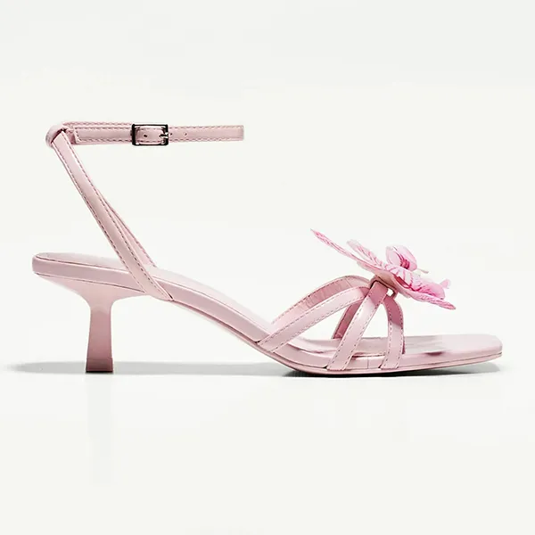 Dép Cao Gót Nữ Bershka Kitten Heel Sandals With Pink Floral Detail Màu Hồng Size 38